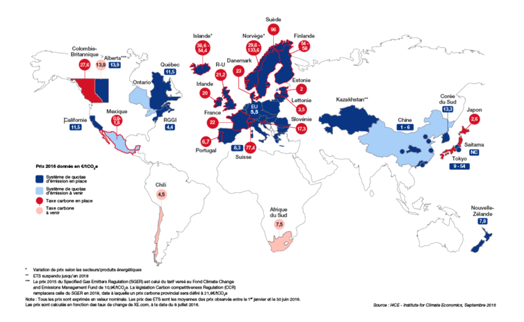 Carte des marchés carbone et autres mécanismes de tarification du carbone existants ou à l’étude dans le monde. I4CE (2016), Author provided